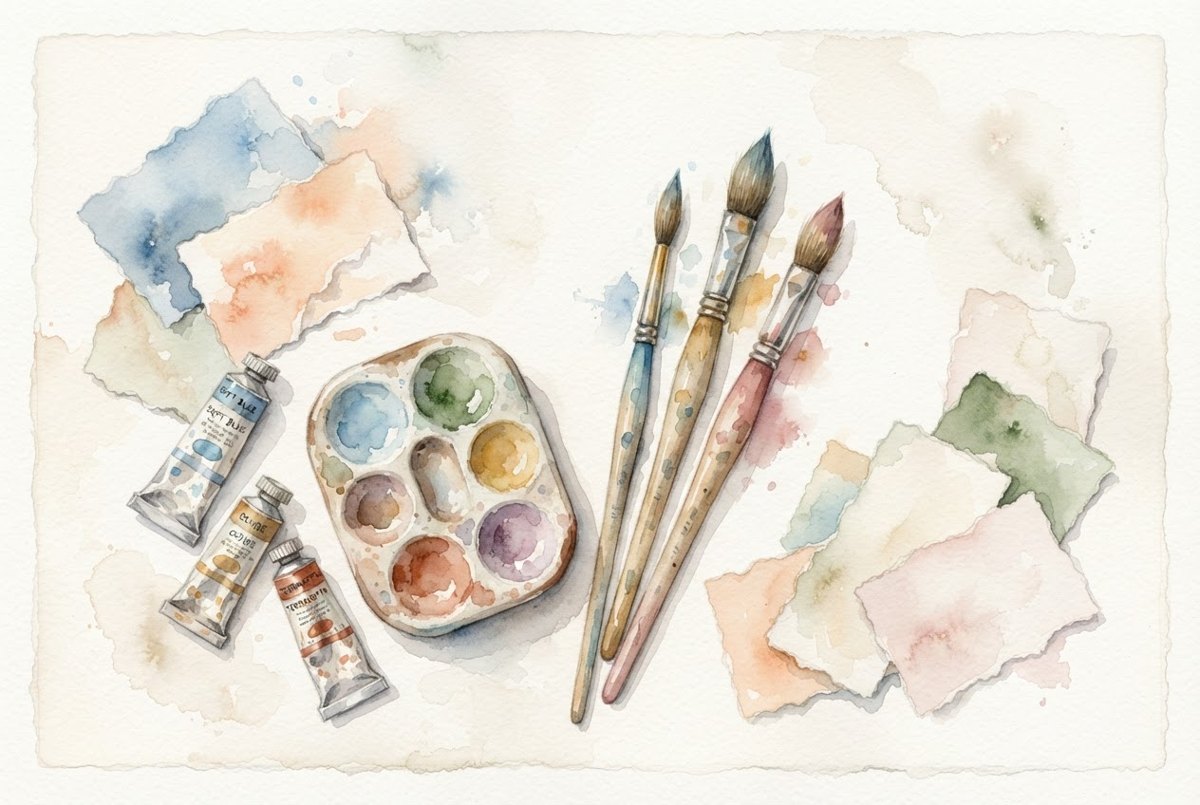 Pincéis, tintas e papéis coloridos em aquarela